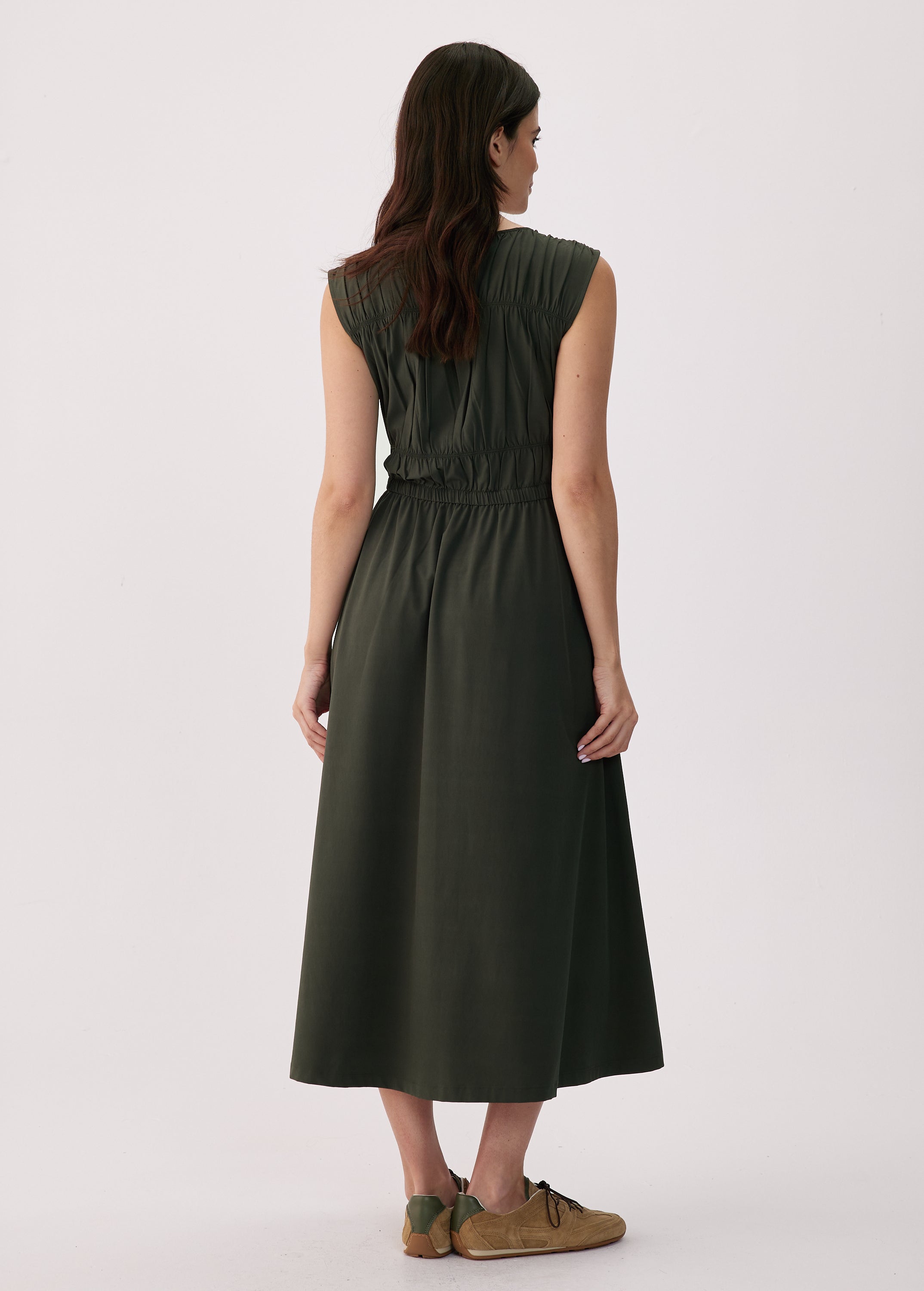 Lolë Momentum Ruched Midi Dress in olive — the dress that gets you out the door faster than your morning coffee