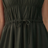Lolë Momentum Ruched Midi Dress in olive — the dress that gets you out the door faster than your morning coffee