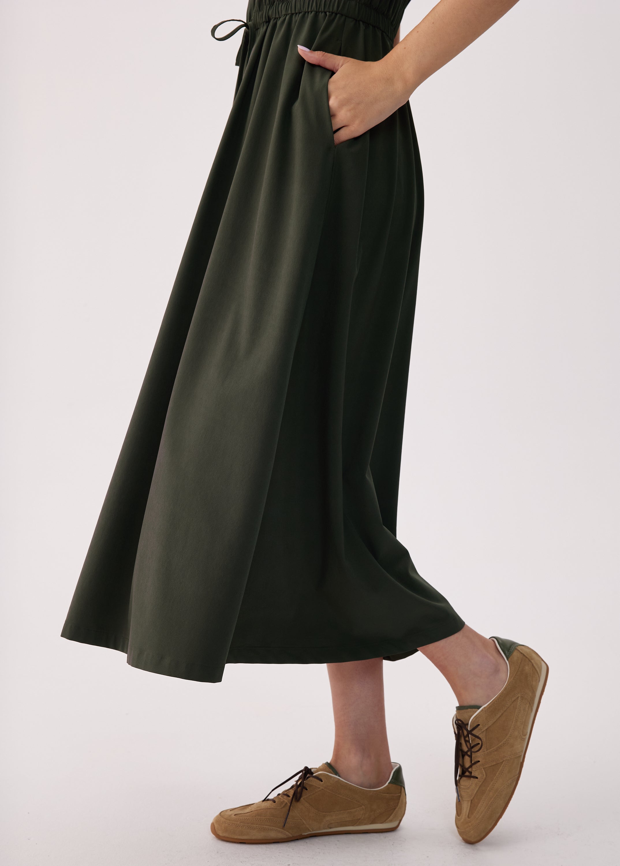 Lolë Momentum Ruched Midi Dress in olive — the dress that gets you out the door faster than your morning coffee