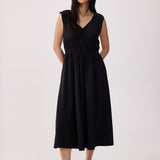 Lolë Momentum Ruched Midi Dress in black — the dress that gets you out the door faster than your morning coffee