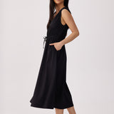 Lolë Momentum Ruched Midi Dress in black — the dress that gets you out the door faster than your morning coffee