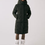 Lolë Après Down Winter Jacket in olive — achieve full-body warmth with this longline city jacket