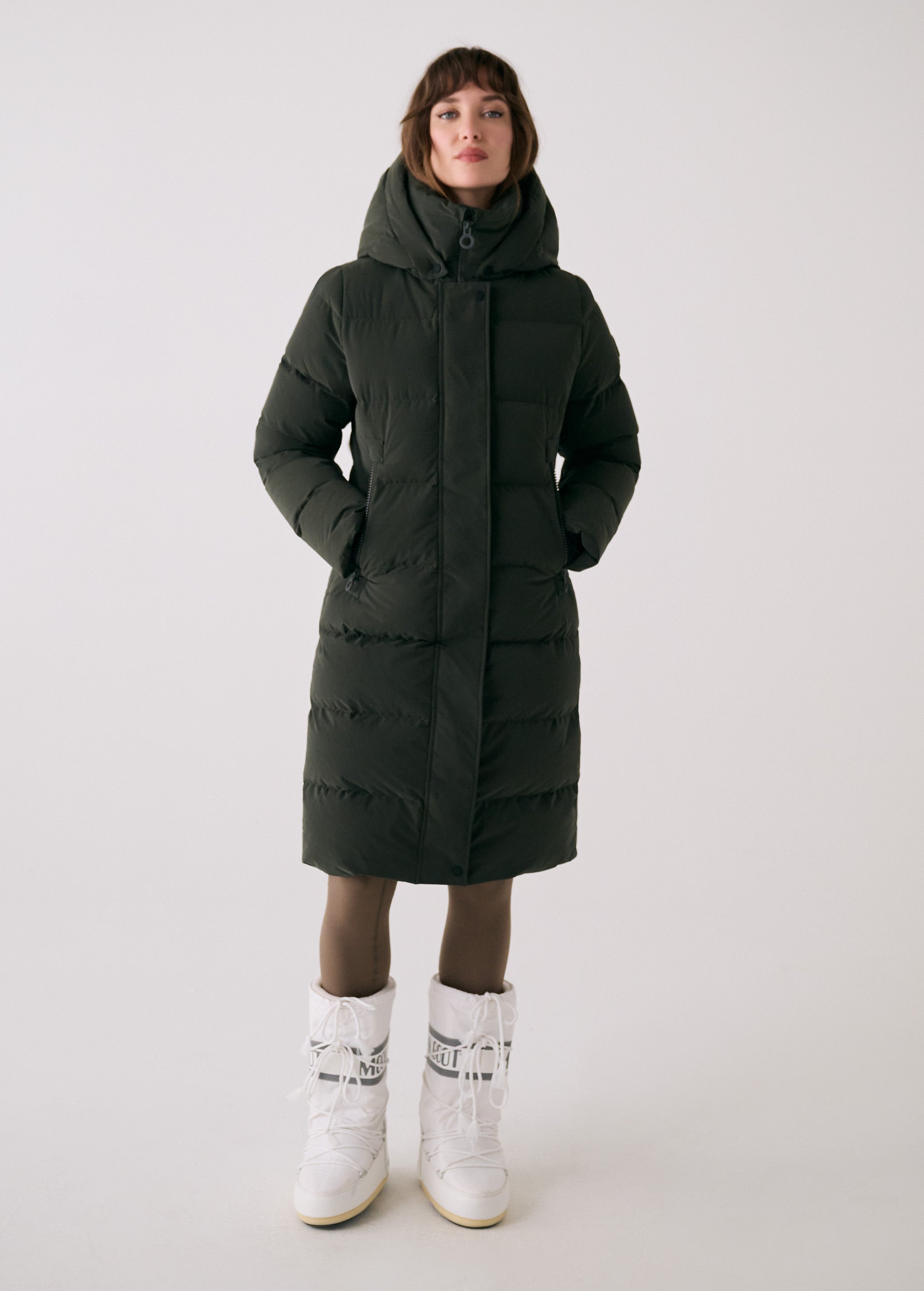 Lolë Après Down Winter Jacket in olive — achieve full-body warmth with this longline city jacket