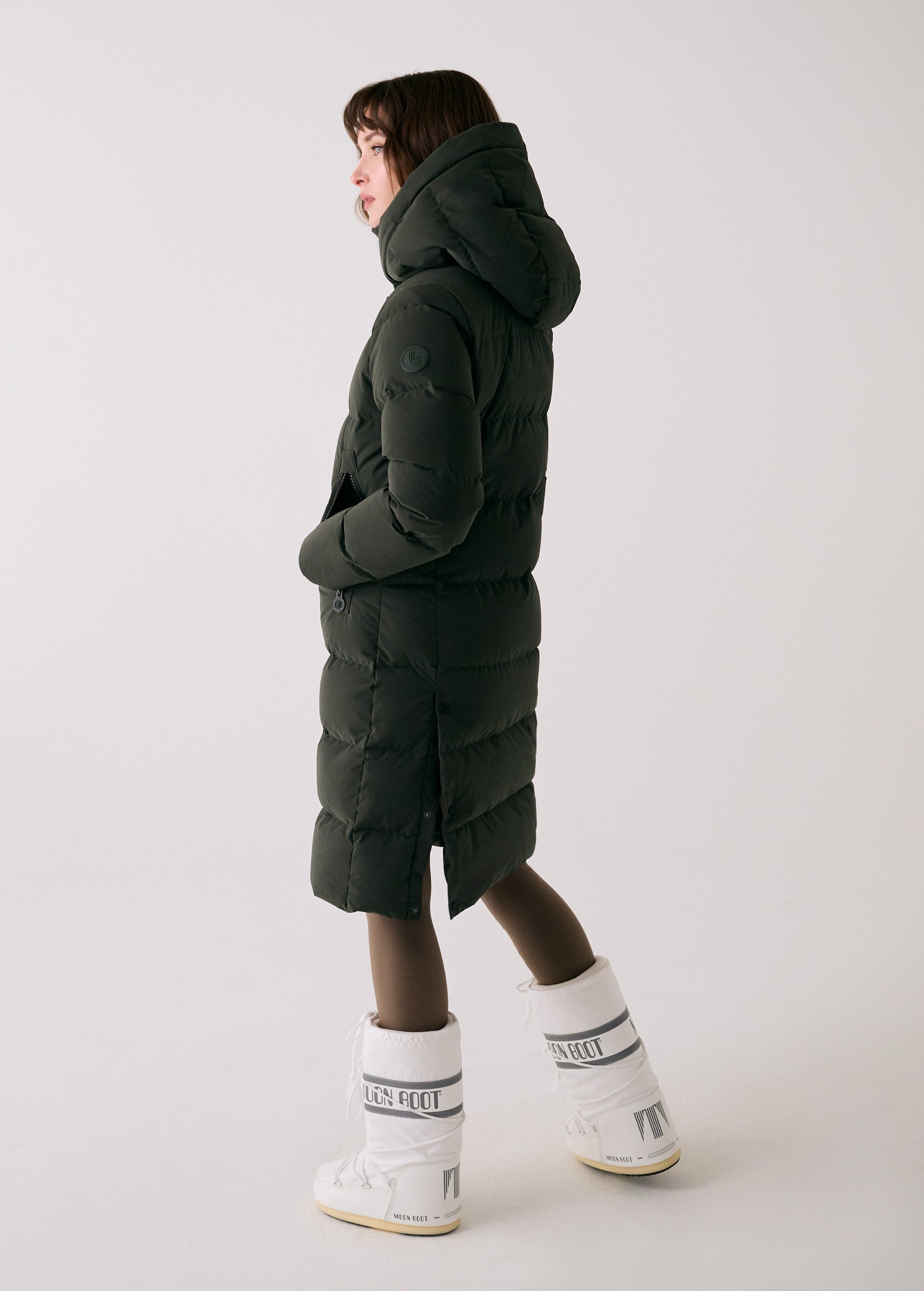 Lolë Après Down Winter Jacket in olive — achieve full-body warmth with this longline city jacket