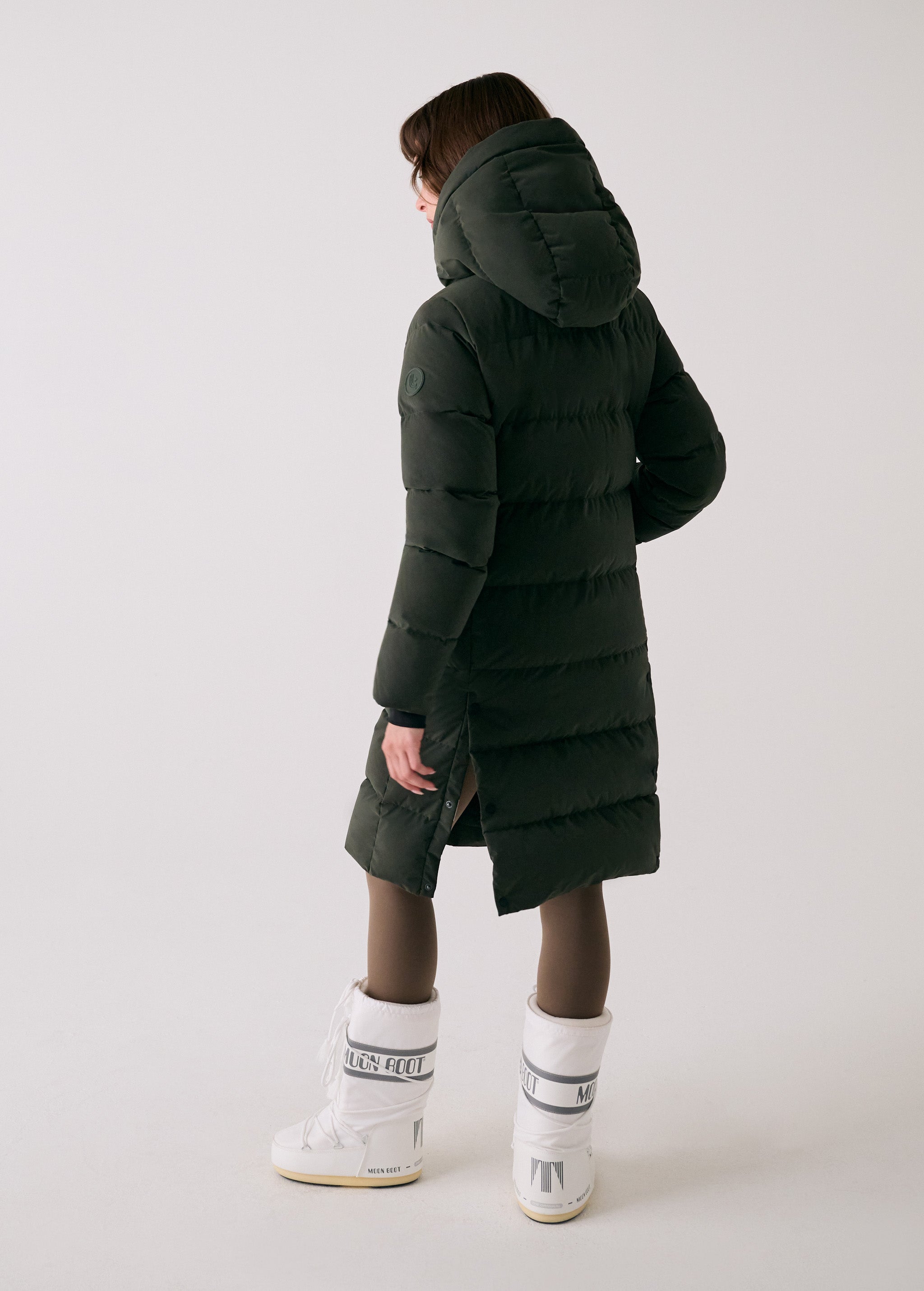 Lolë Après Down Winter Jacket in olive — achieve full-body warmth with this longline city jacket