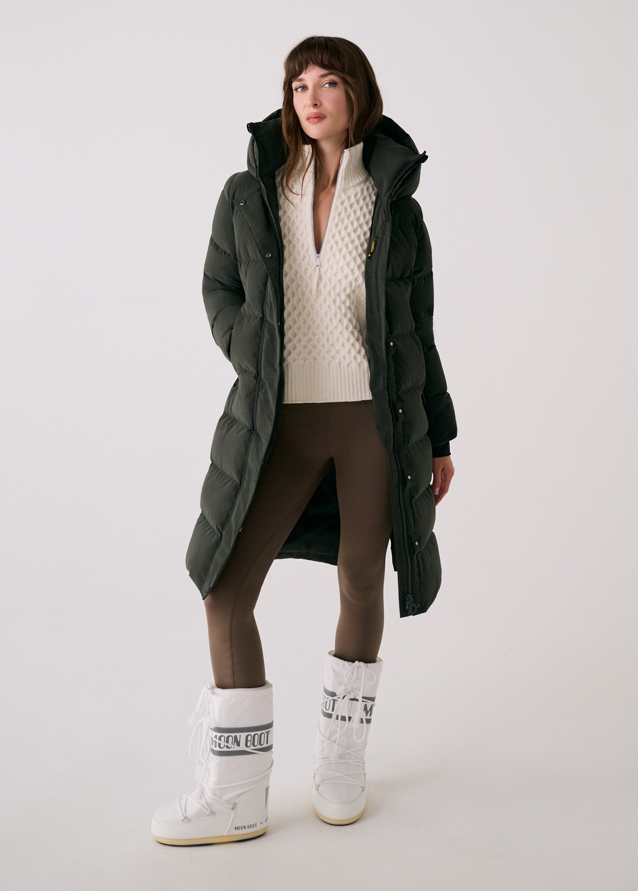 Lolë Après Down Winter Jacket in olive — achieve full-body warmth with this longline city jacket