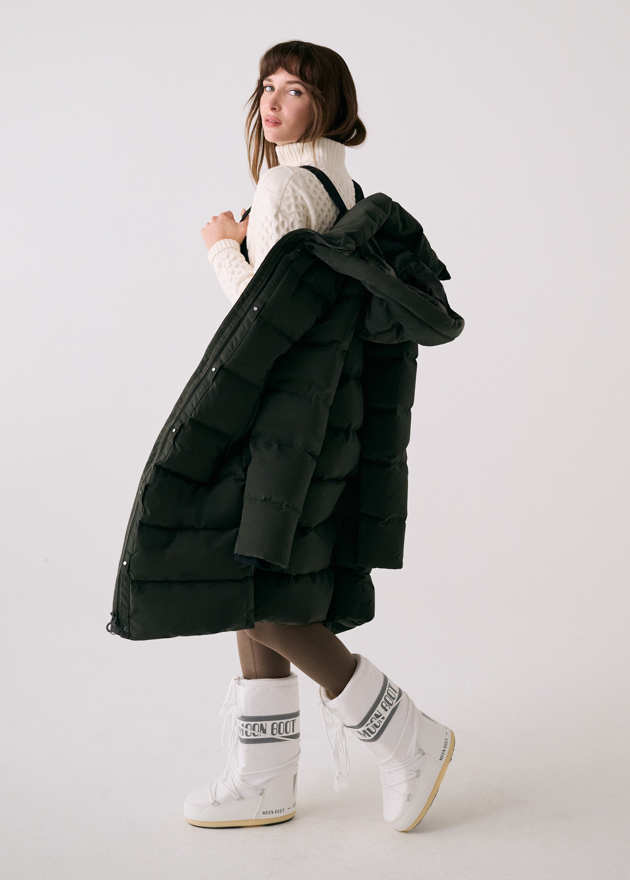 Lolë Après Down Winter Jacket in olive — achieve full-body warmth with this longline city jacket
