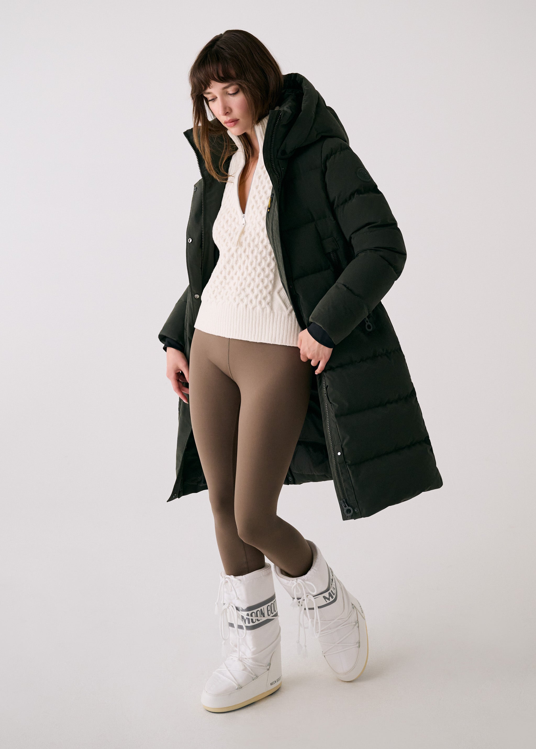 Lolë Après Down Winter Jacket in olive — achieve full-body warmth with this longline city jacket