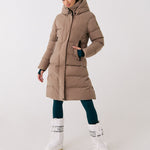 Lolë Après Down Winter Jacket in Fossil taupe — achieve full-body warmth with this longline city jacket