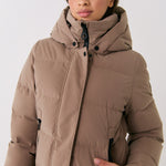 Lolë Après Down Winter Jacket in Fossil taupe — achieve full-body warmth with this longline city jacket