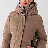 Lolë Après Down Winter Jacket in Fossil taupe — achieve full-body warmth with this longline city jacket