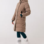 Lolë Après Down Winter Jacket in Fossil taupe — achieve full-body warmth with this longline city jacket