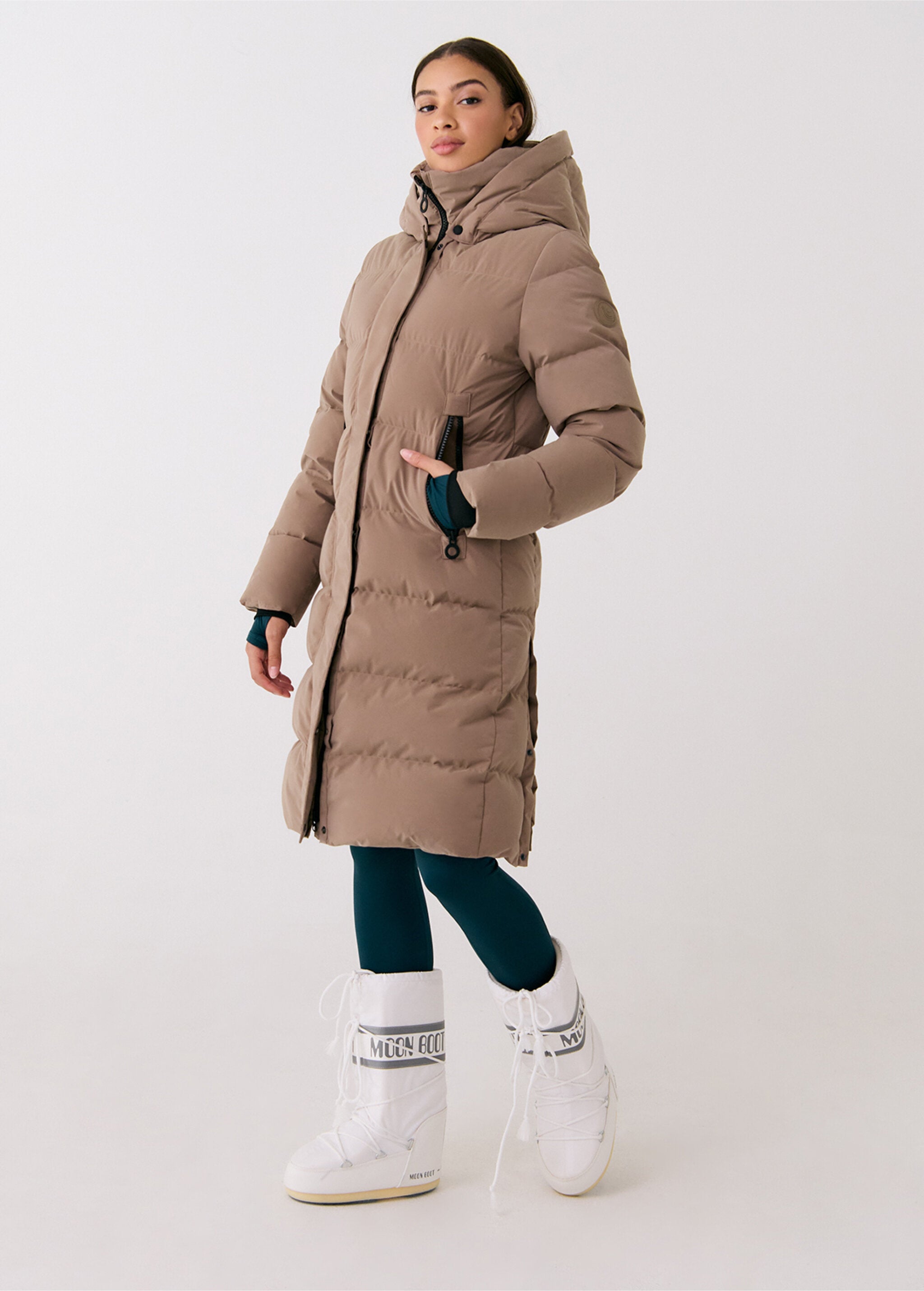 Lolë Après Down Winter Jacket in Fossil taupe — achieve full-body warmth with this longline city jacket