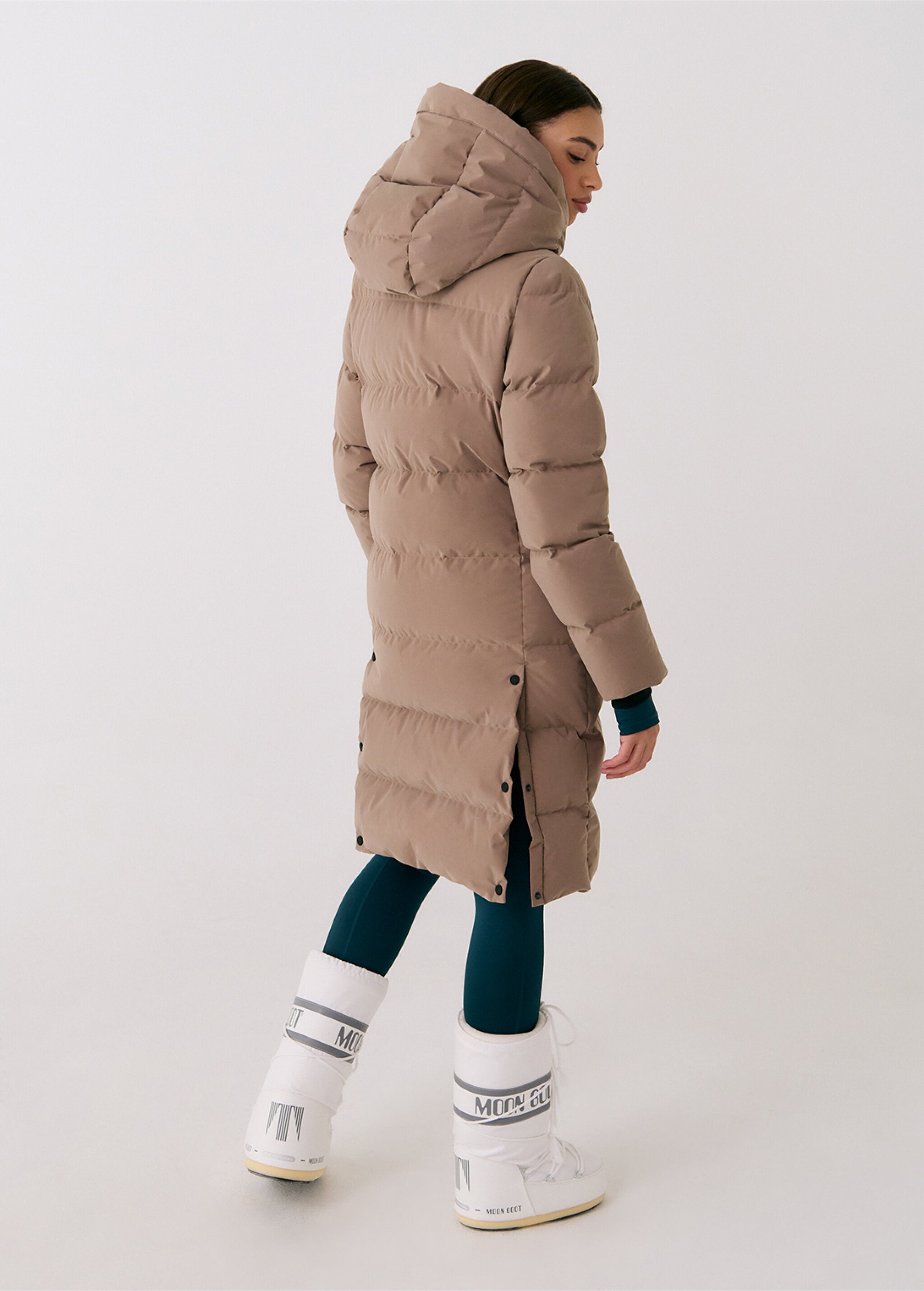 Lolë Après Down Winter Jacket in Fossil taupe — achieve full-body warmth with this longline city jacket