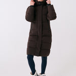 Lolë Après Down Winter Jacket in Java dark brown — achieve full-body warmth with this longline city jacket
