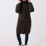 Lolë Après Down Winter Jacket in Java dark brown — achieve full-body warmth with this longline city jacket