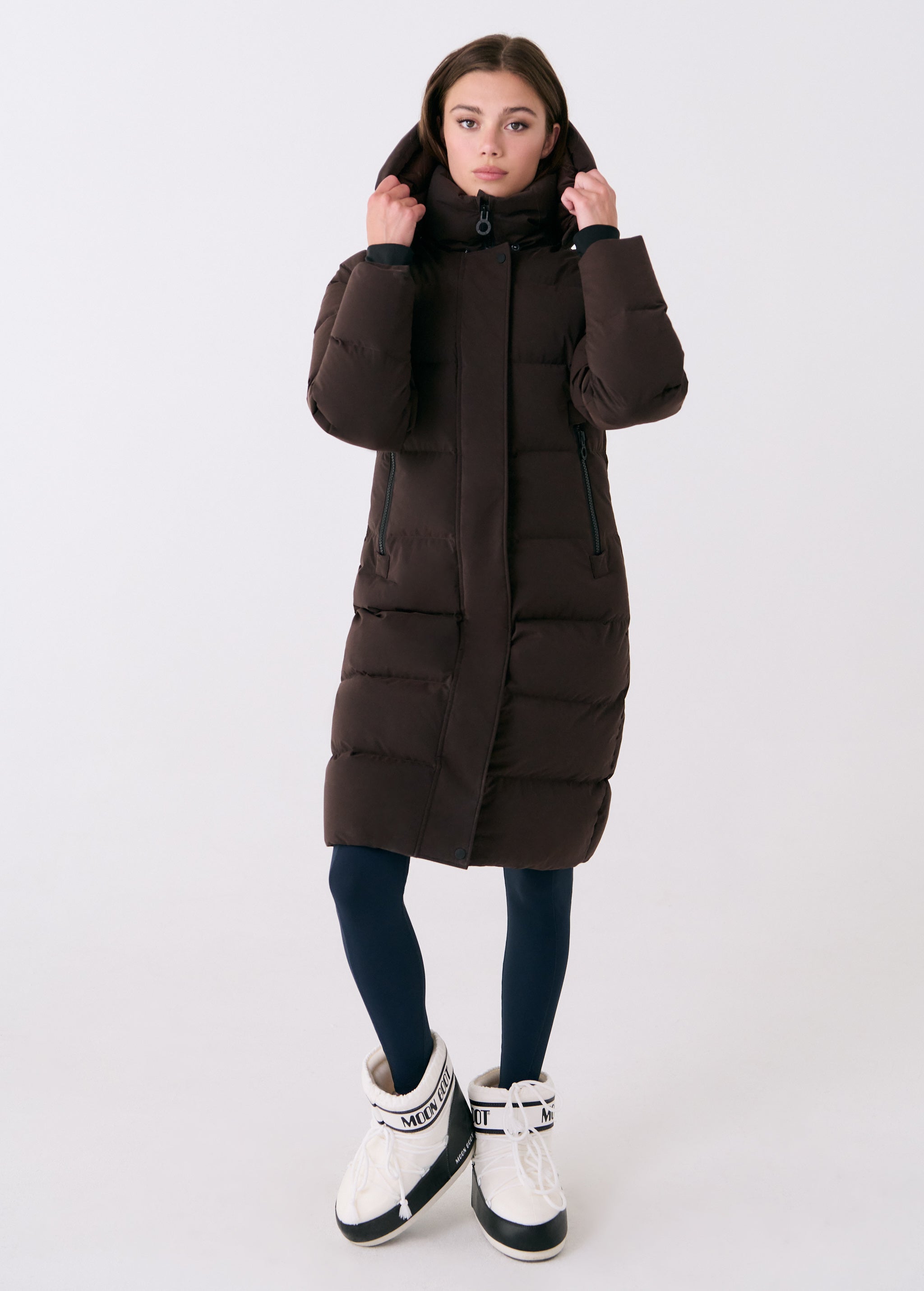 Lolë Après Down Winter Jacket in Java dark brown — achieve full-body warmth with this longline city jacket