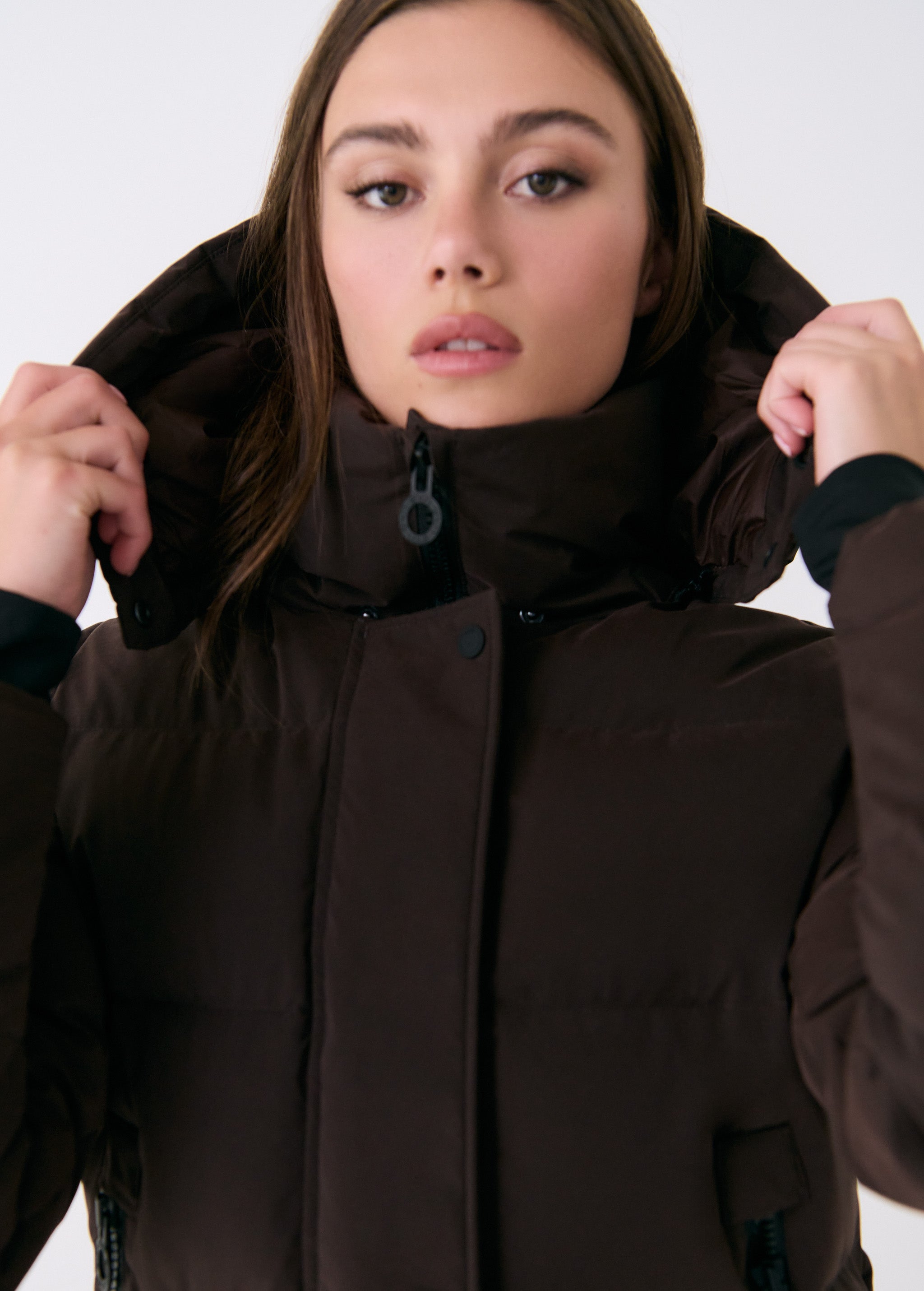 Lolë Après Down Winter Jacket in Java dark brown — achieve full-body warmth with this longline city jacket
