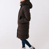 Lolë Après Down Winter Jacket in Java dark brown — achieve full-body warmth with this longline city jacket