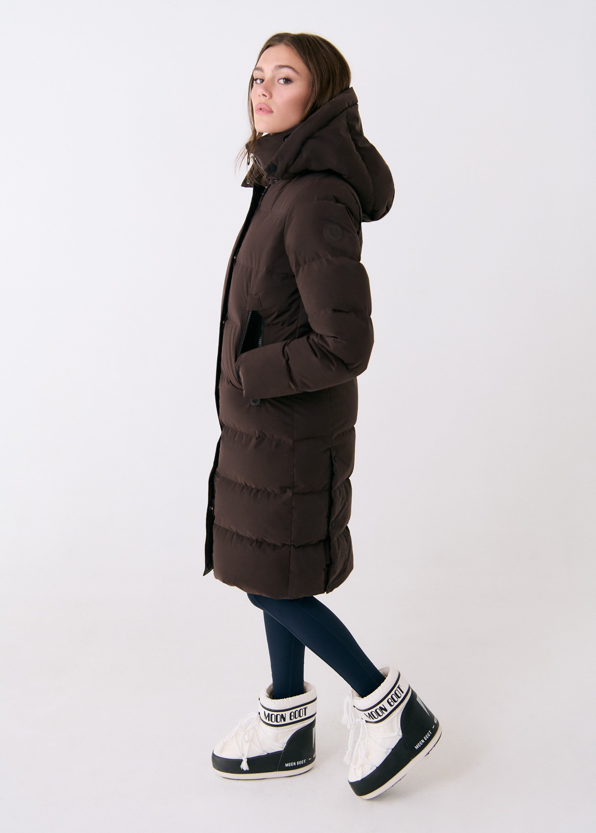 Lolë Après Down Winter Jacket in Java dark brown — achieve full-body warmth with this longline city jacket