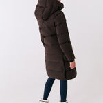 Lolë Après Down Winter Jacket in Java dark brown — achieve full-body warmth with this longline city jacket