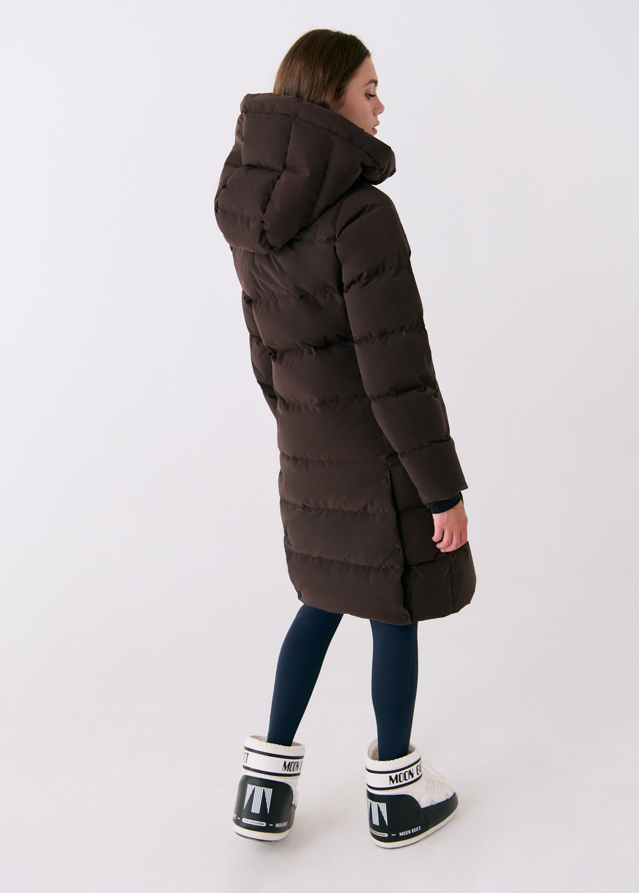 Lolë Après Down Winter Jacket in Java dark brown — achieve full-body warmth with this longline city jacket