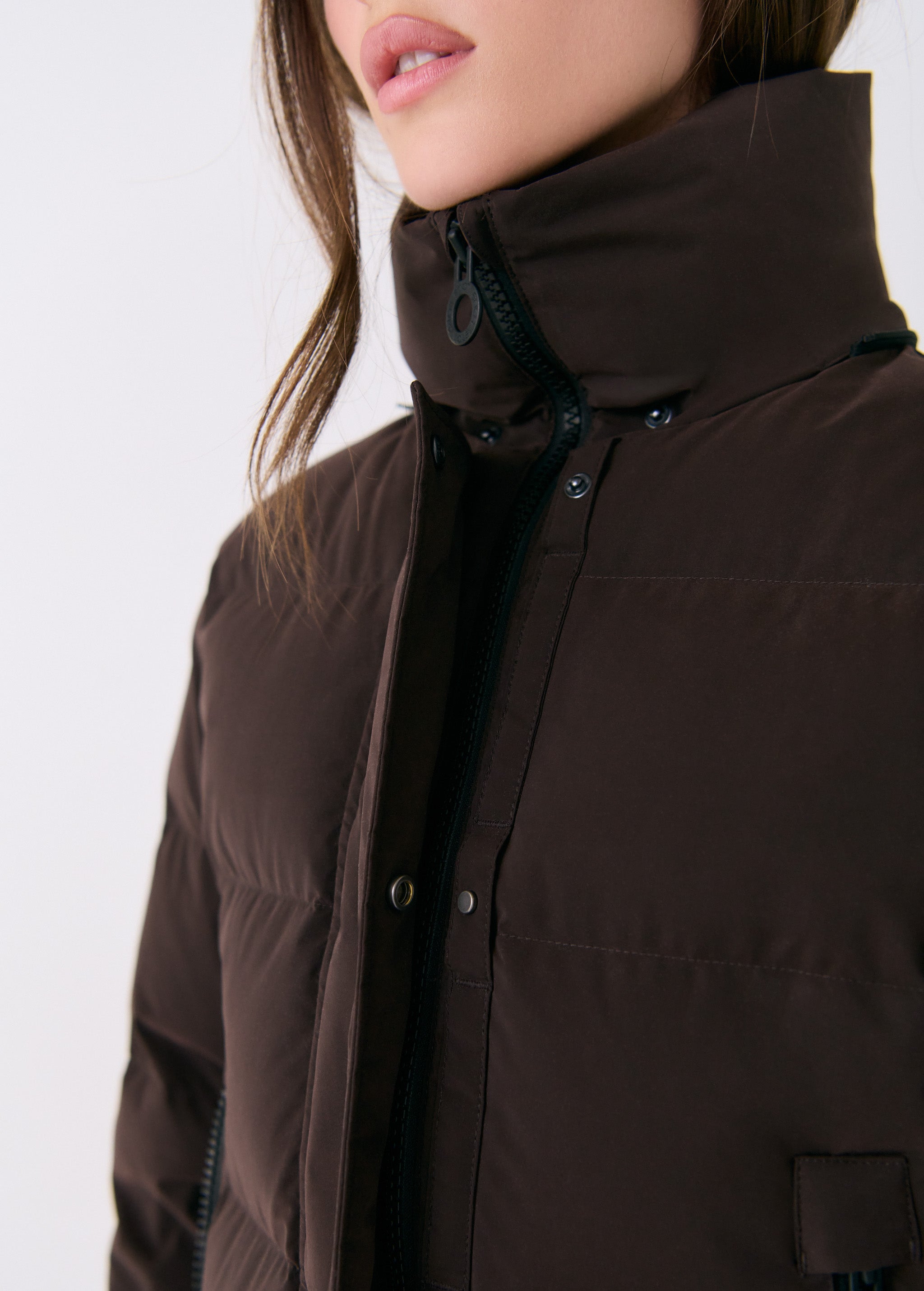 Lolë Après Down Winter Jacket in Java dark brown — achieve full-body warmth with this longline city jacket