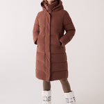 Lolë Après Down Winter Jacket in Sienna brown — achieve full-body warmth with this longline city jacket