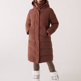 Lolë Après Down Winter Jacket in Sienna brown — achieve full-body warmth with this longline city jacket