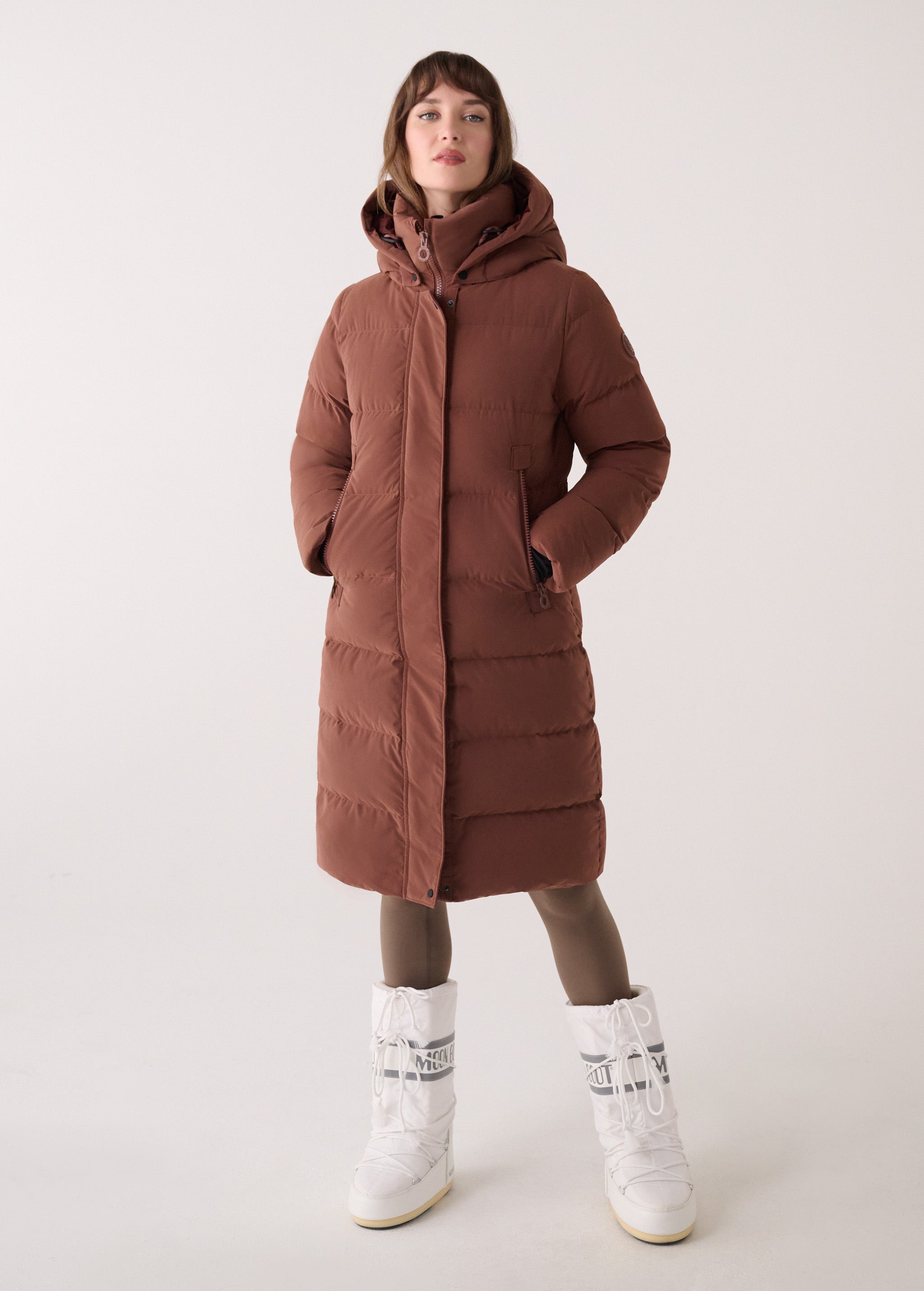 Lolë Après Down Winter Jacket in Sienna brown — achieve full-body warmth with this longline city jacket