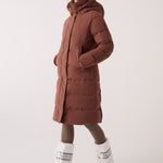 Lolë Après Down Winter Jacket in Sienna brown — achieve full-body warmth with this longline city jacket