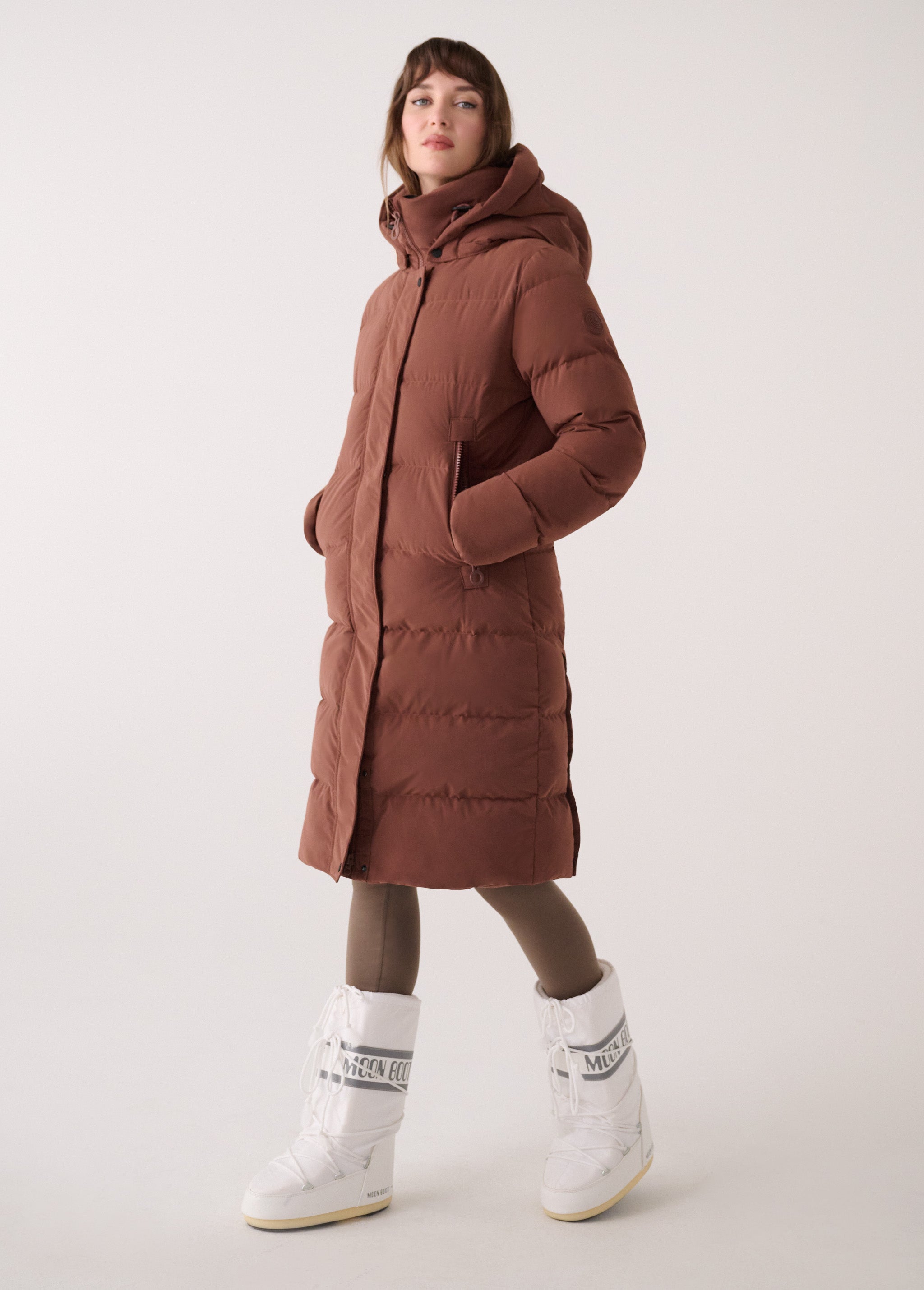 Lolë Après Down Winter Jacket in Sienna brown — achieve full-body warmth with this longline city jacket