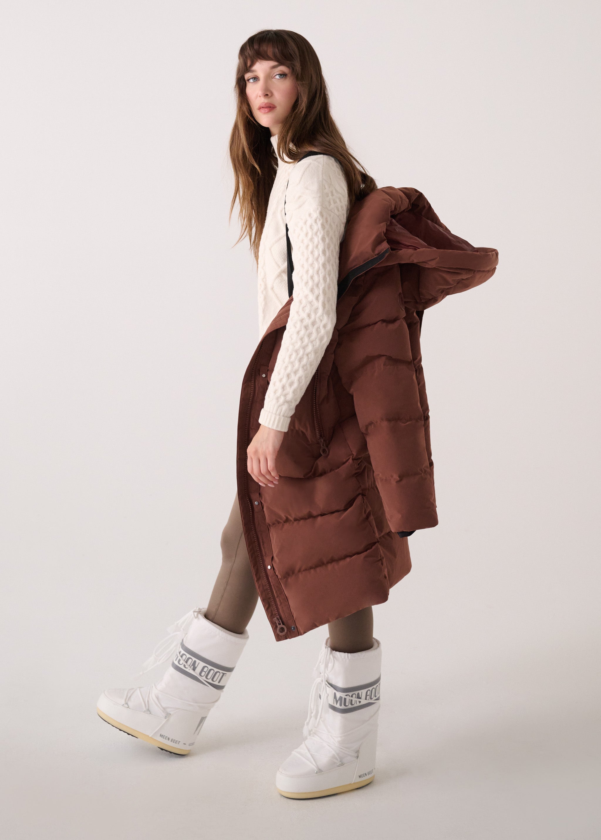Lolë Après Down Winter Jacket in Sienna brown — achieve full-body warmth with this longline city jacket