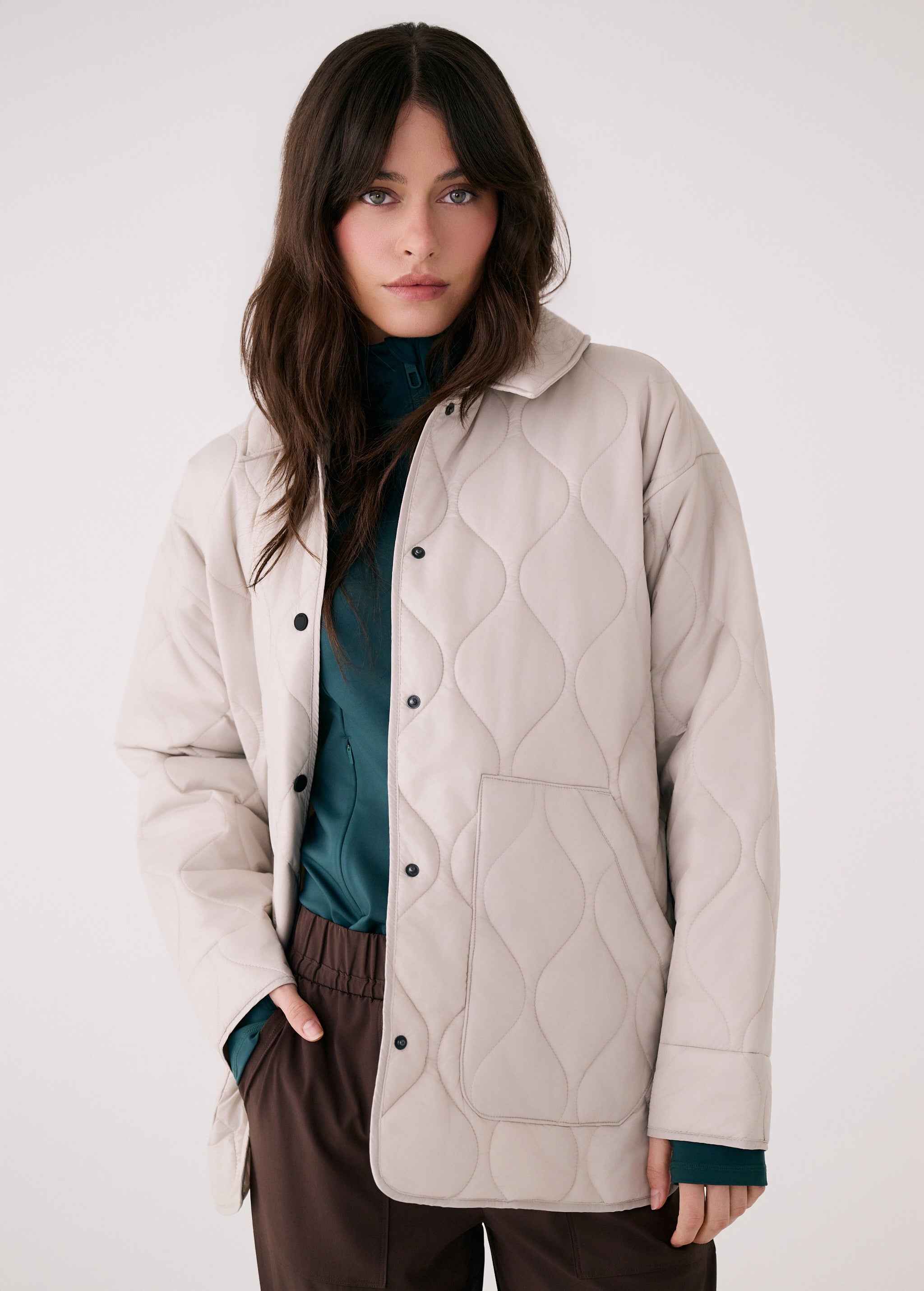 Lolë The Shacket Insulated Jacket in Abalone pale greige — part shirt, part jacket, the Shacket is made for transitional days