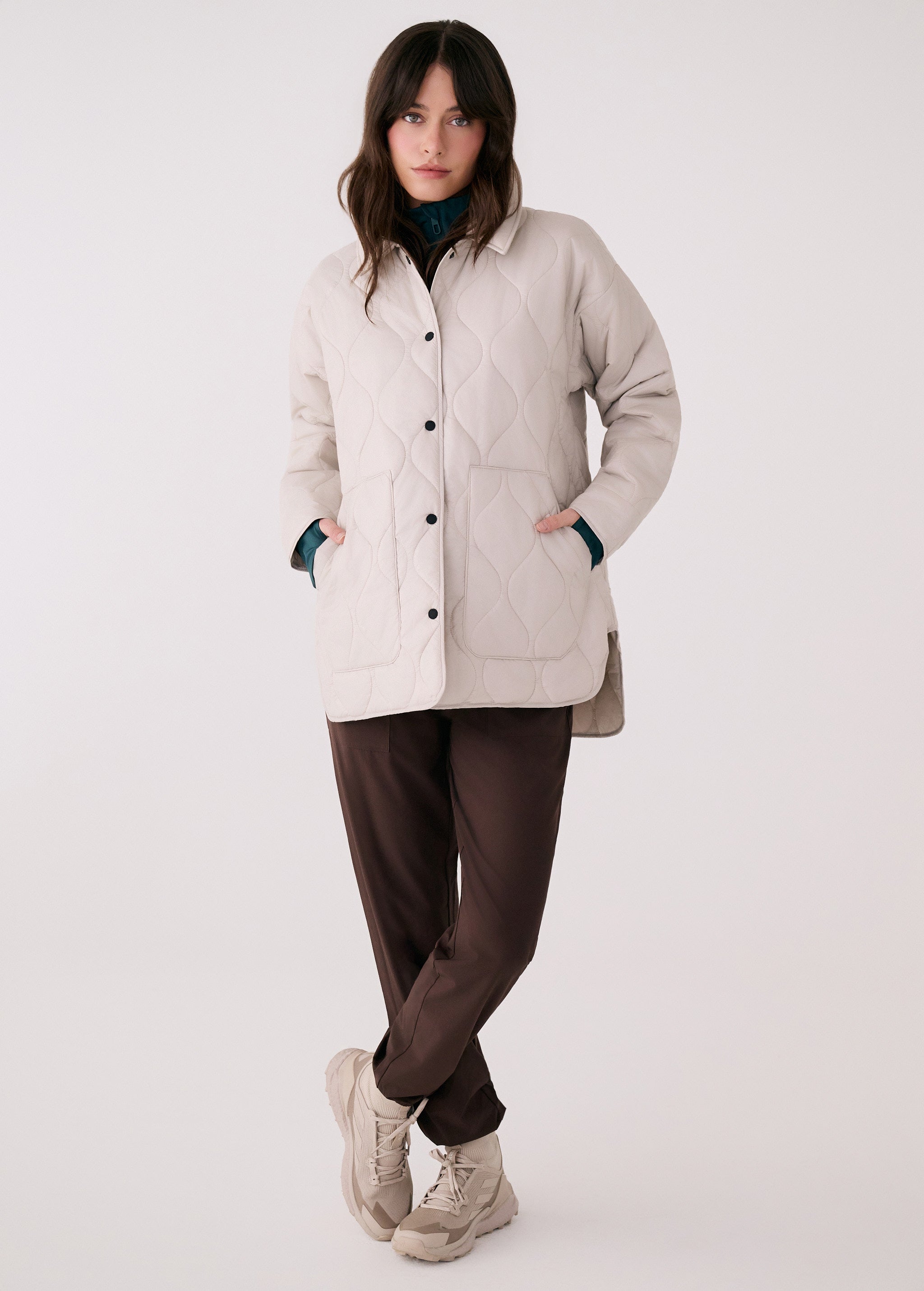 Lolë The Shacket Insulated Jacket in Abalone pale greige — part shirt, part jacket, the Shacket is made for transitional days