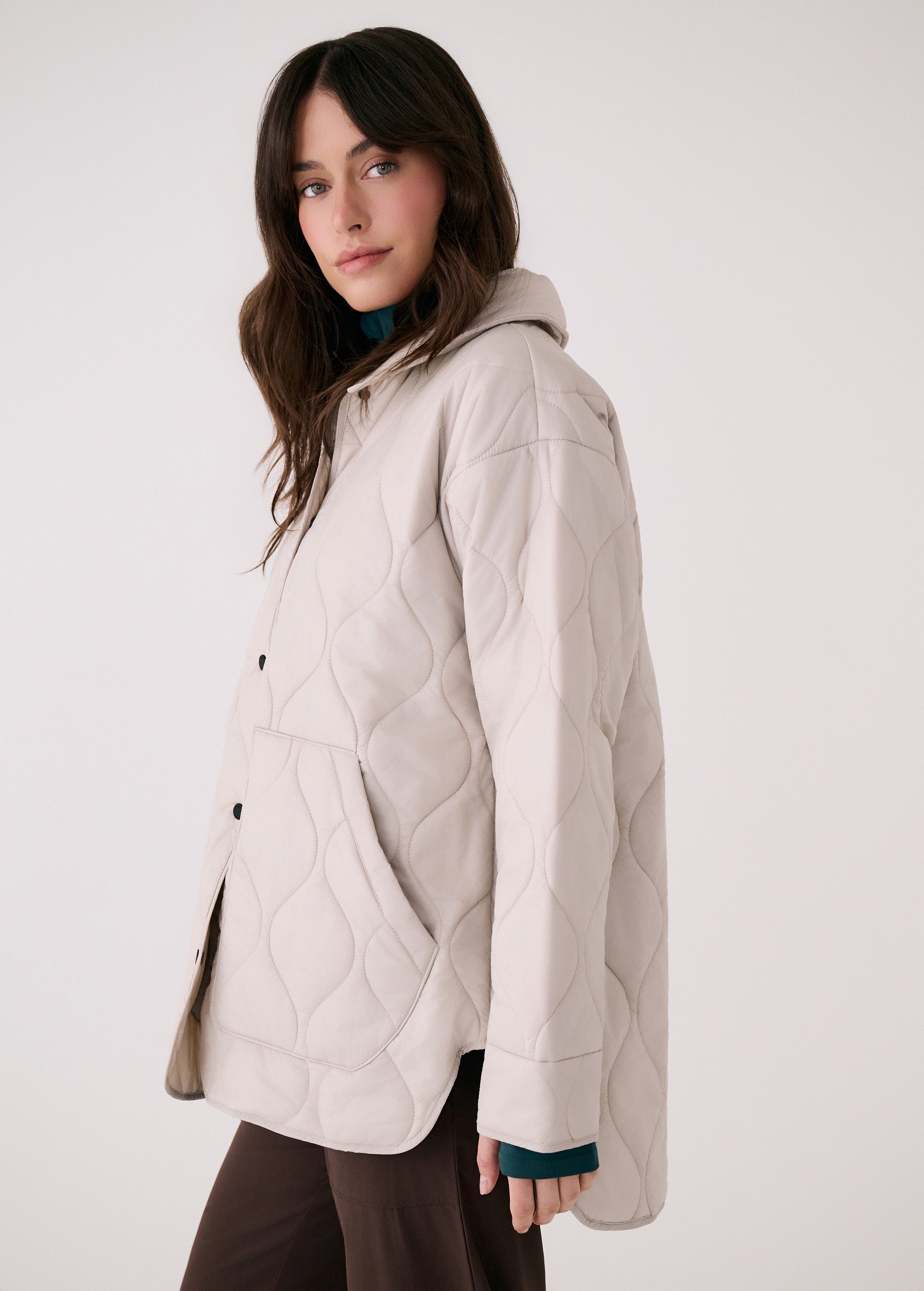 Lolë The Shacket Insulated Jacket in Abalone pale greige — part shirt, part jacket, the Shacket is made for transitional days