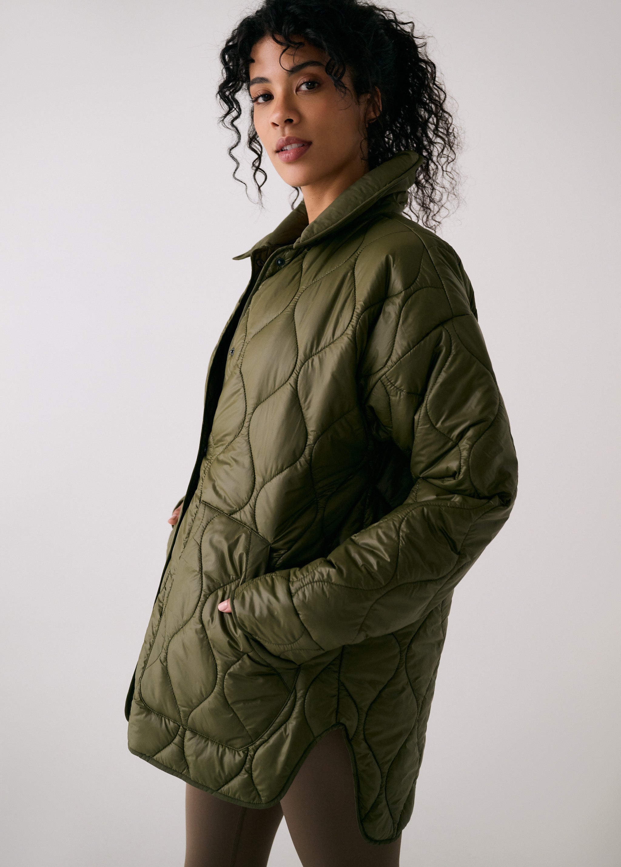 Lolë The Shacket Insulated Jacket in Moss olive green — part shirt, part jacket, the Shacket is made for transitional days