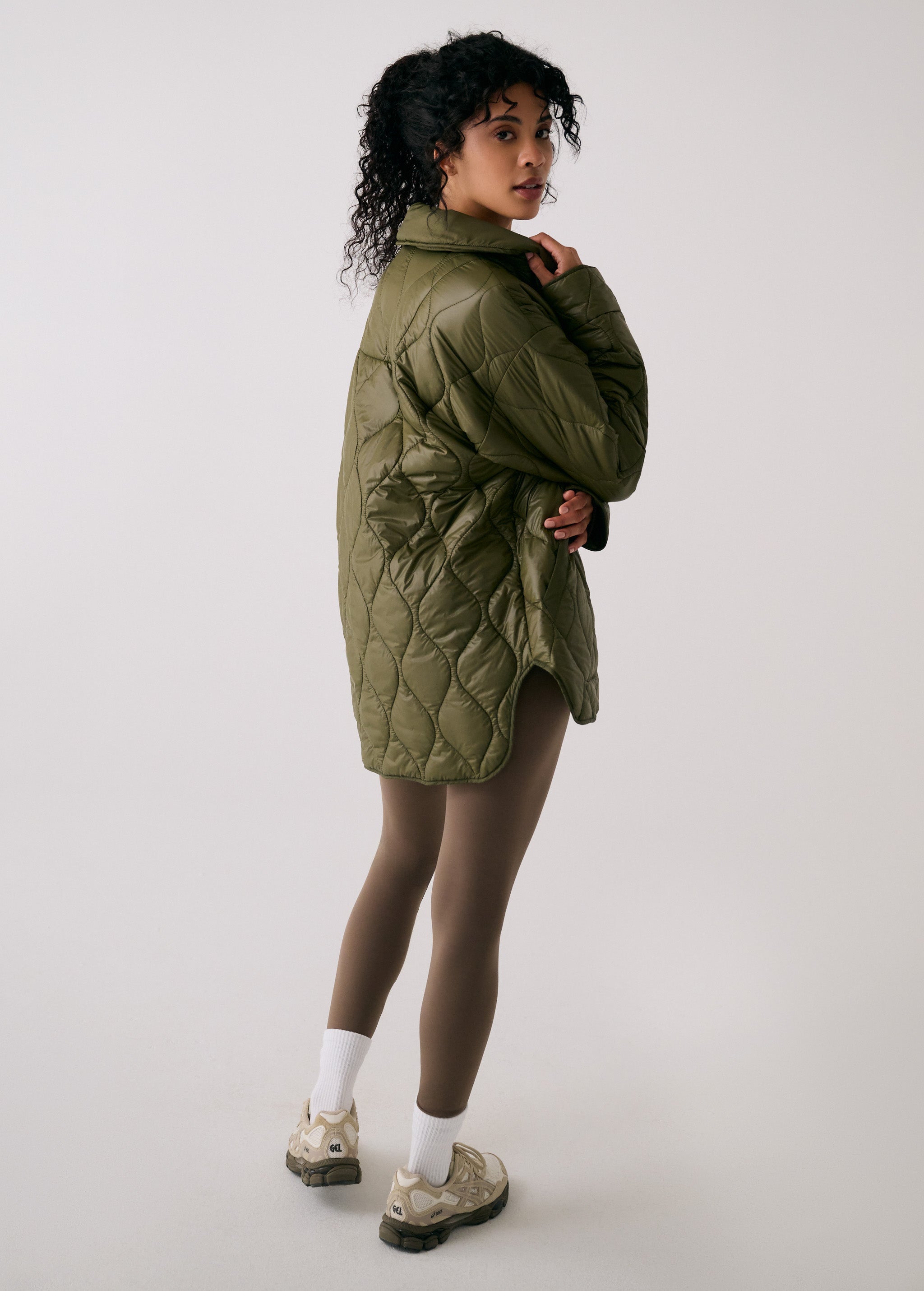Lolë The Shacket Insulated Jacket in Moss olive green — part shirt, part jacket, the Shacket is made for transitional days