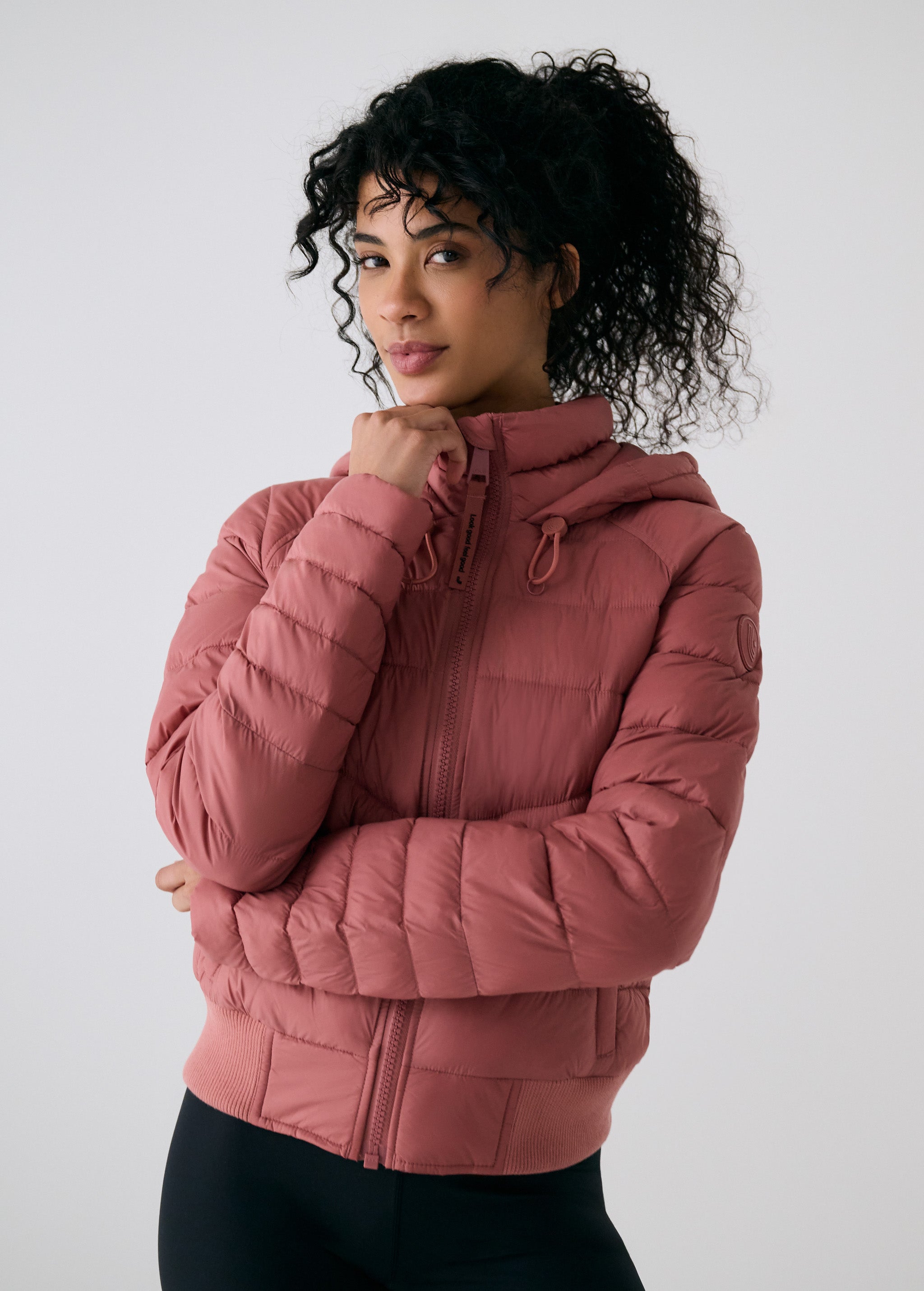Lolë Eli Synth Down Bomber Jacket in rose — bonus points for the cropped fit and everyday-ready hues