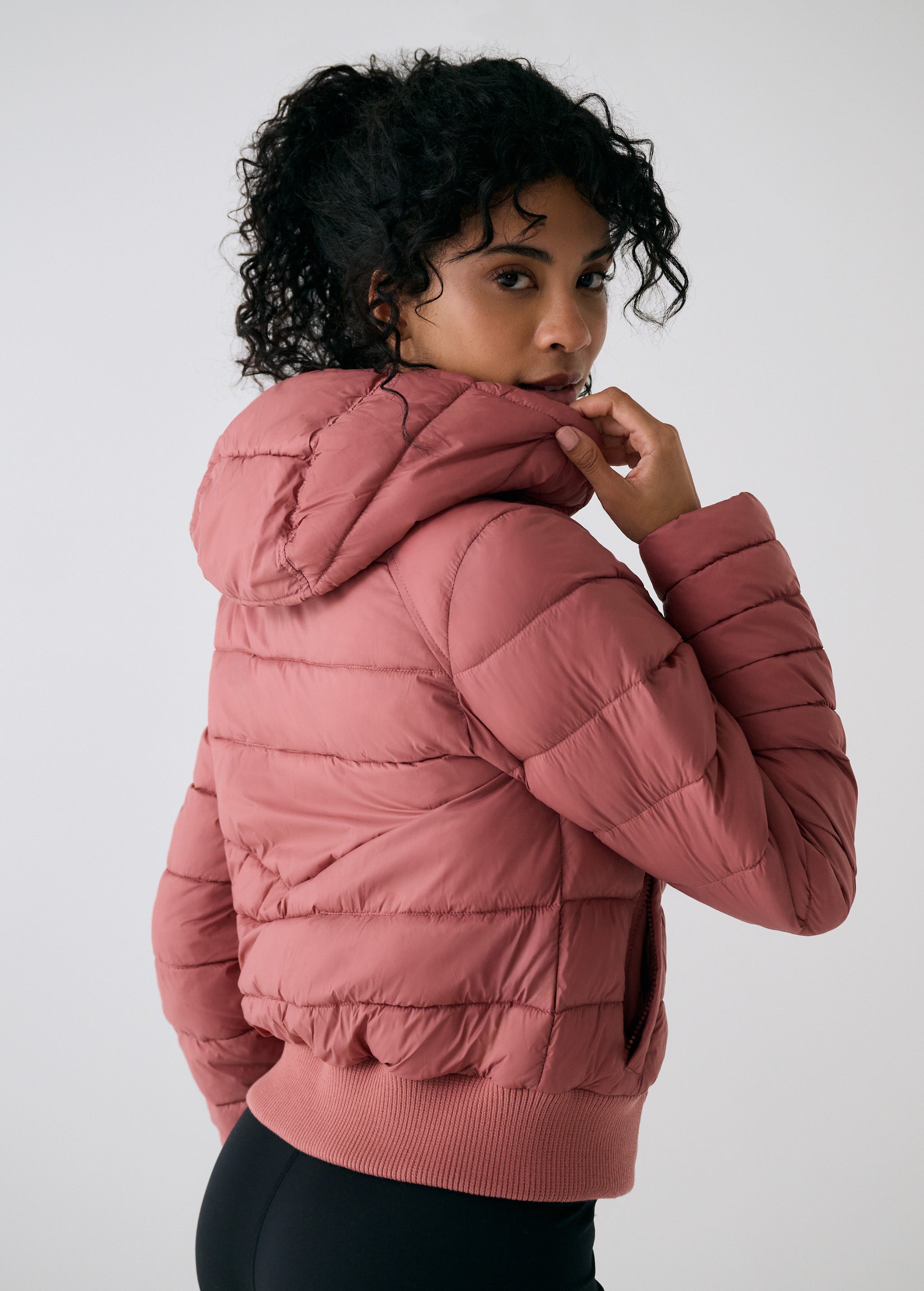 Lolë Eli Synth Down Bomber Jacket in rose — bonus points for the cropped fit and everyday-ready hues