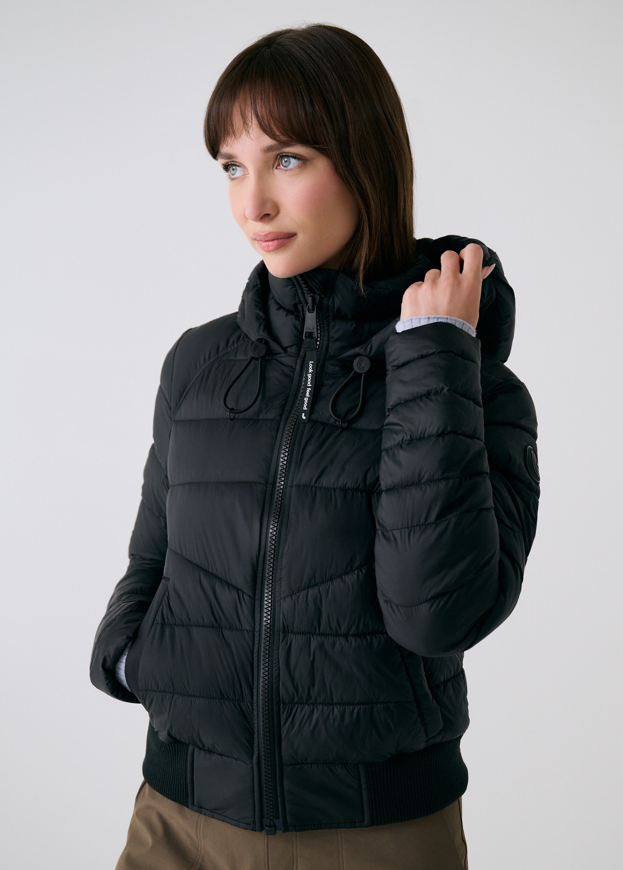 Lolë Eli Synth Down Bomber Jacket in black — bonus points for the cropped fit and everyday-ready hues