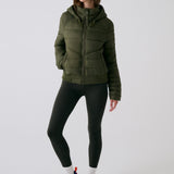Lolë Eli Synth Down Bomber Jacket in Moss olive green — bonus points for the cropped fit and everyday-ready hues