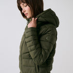 Lolë Eli Synth Down Bomber Jacket in Moss olive green — bonus points for the cropped fit and everyday-ready hues