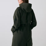 Lolë Piper 2.0 rain jacket in olive green, back view with hood, back yoke and gathered drawcord waist