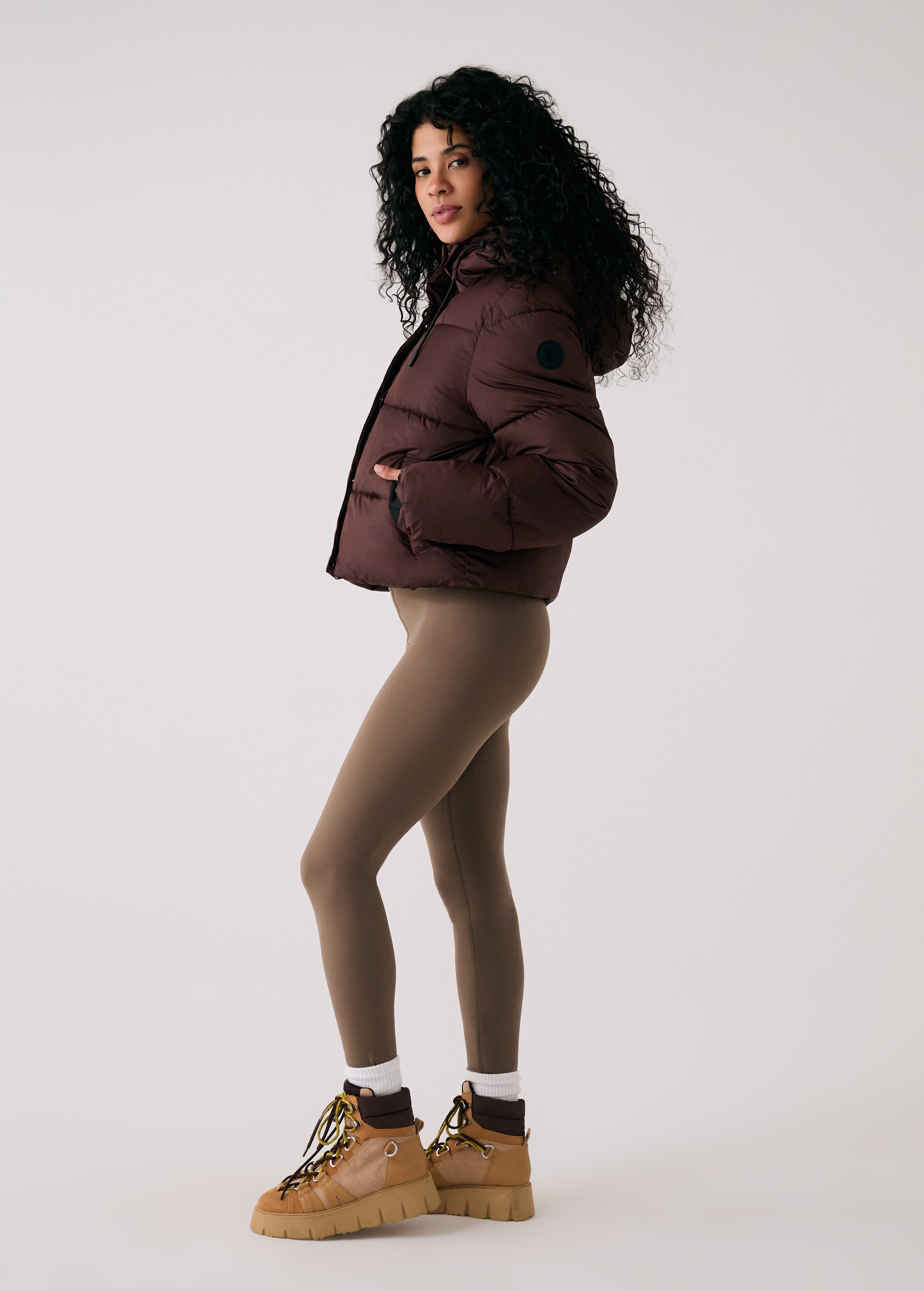 Lolë London Cropped Puffer in Java dark brown — the London Cropped Puffer combines bold style with everyday function