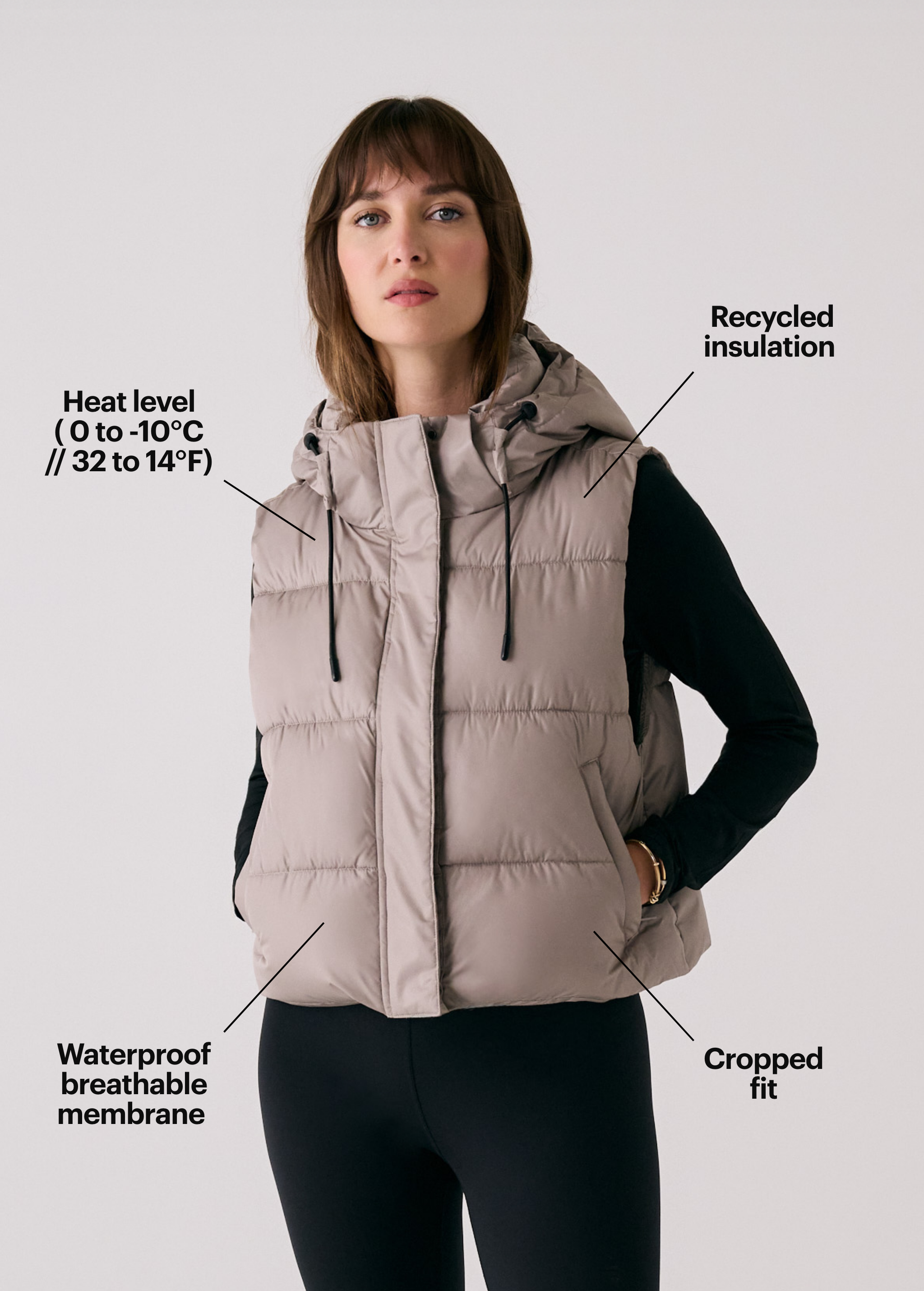 Lolë London Cropped Vest in Pebble taupe — wear it over a hoodie or under a coat