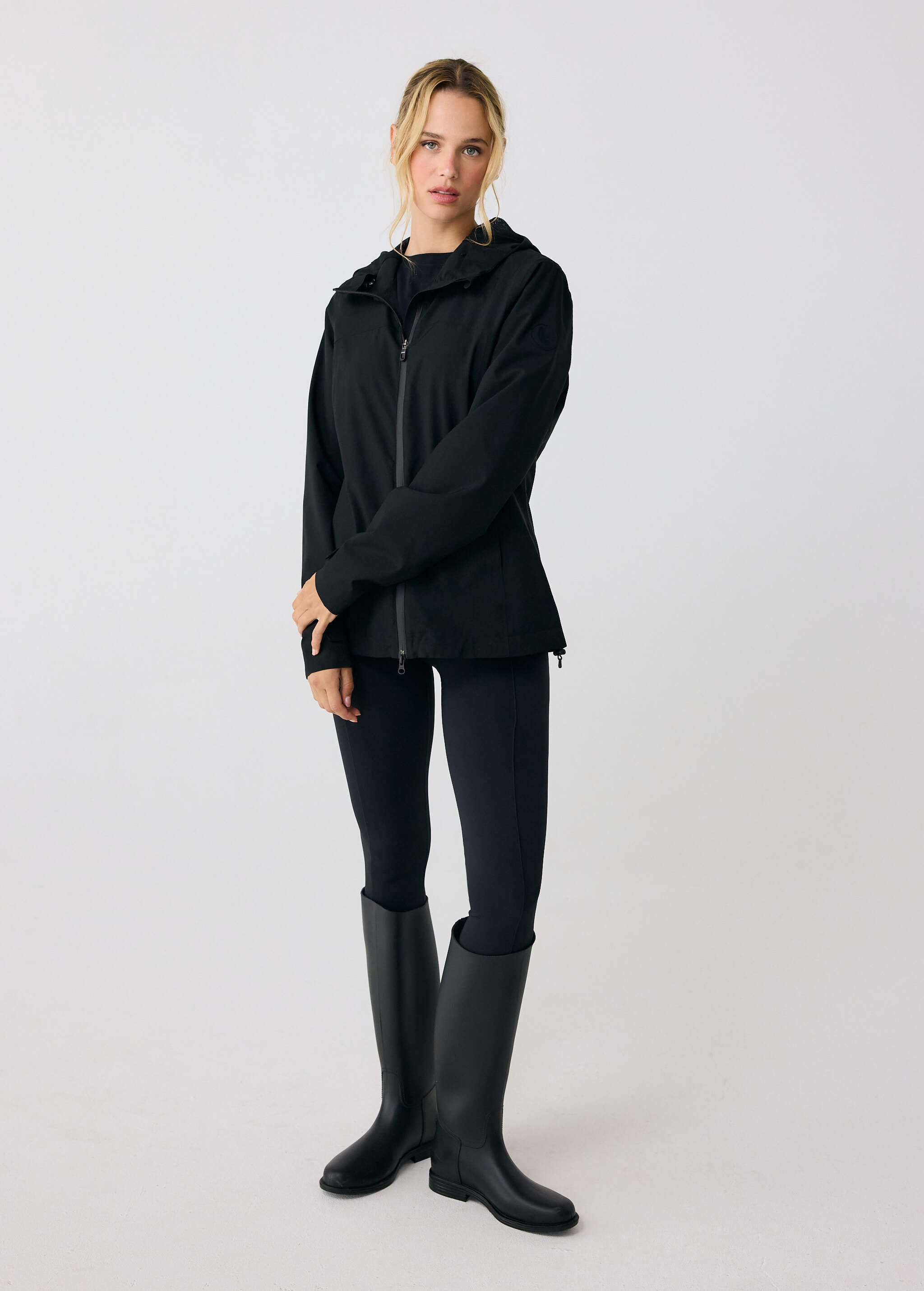 Lolë Element 2 Rain Jacket in black — the Element 2 Rain Jacket is fully seam-sealed to keep moisture out