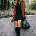 Lolë Element Long Rain Jacket in Sienna brown — this longline jacket keeps water out while keeping your look sharp