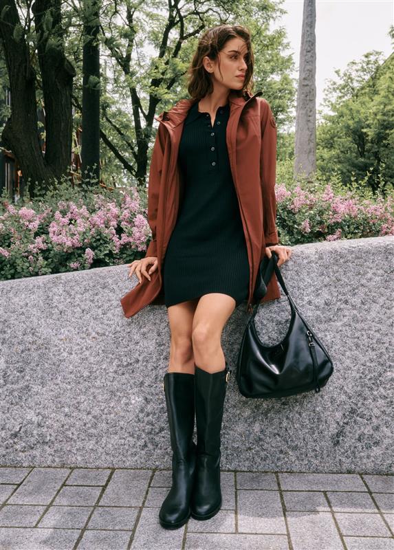 Lolë Element Long Rain Jacket in Sienna brown — this longline jacket keeps water out while keeping your look sharp
