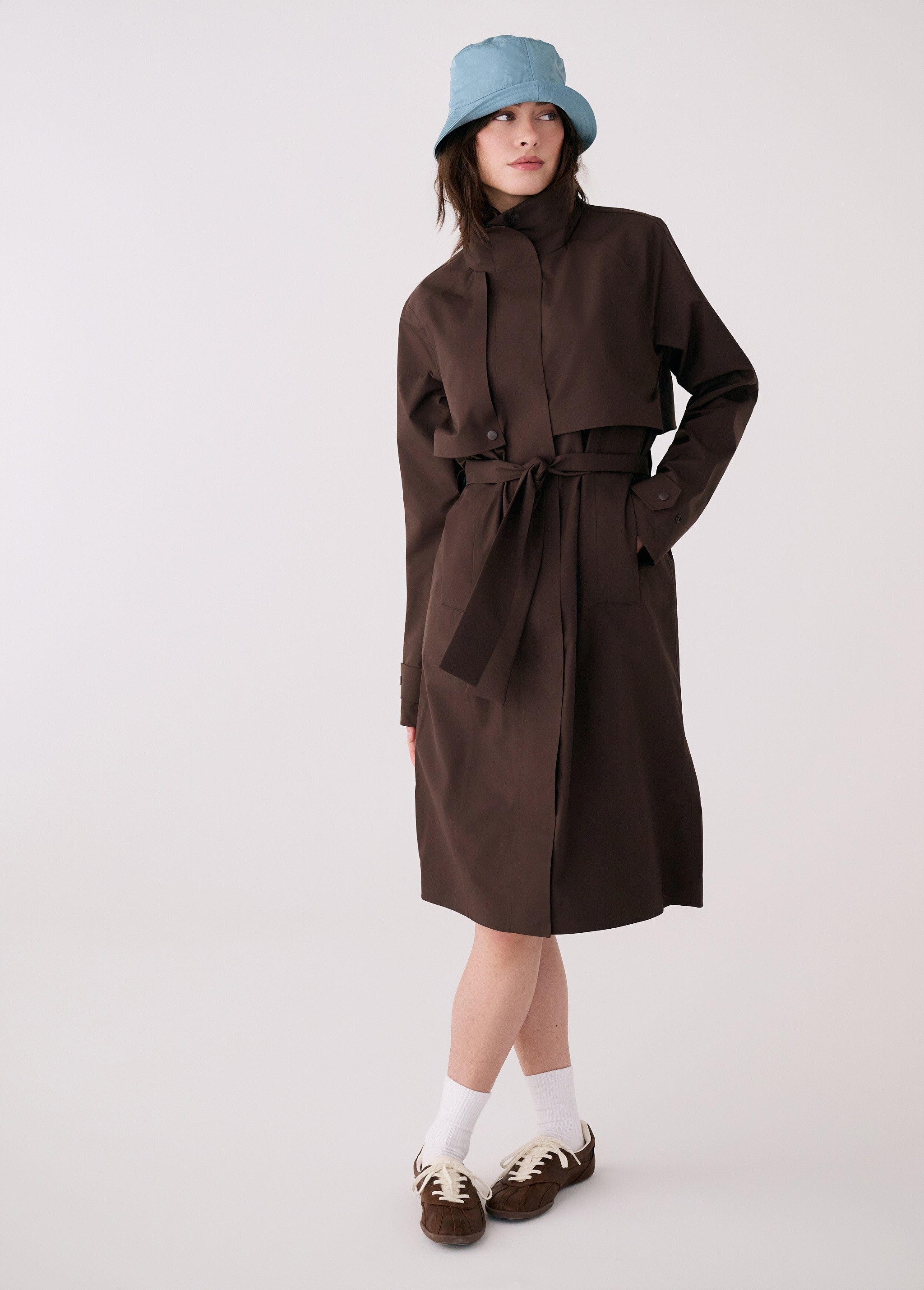 Lolë Alizé Trench Coat in Java dark brown — fit note: Cut with a relaxed fit for comfortable layering